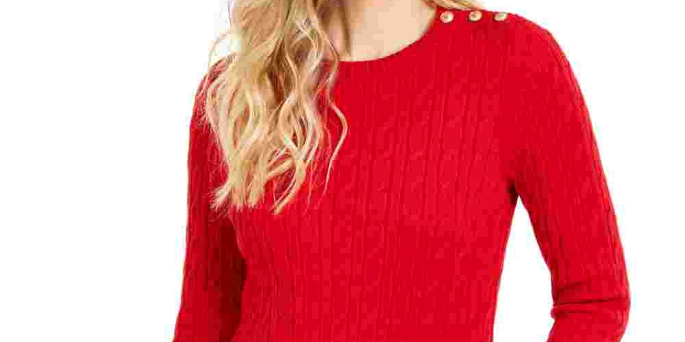 Charter Club Women's Cable Knit Button Trim Sweater Red Size Small