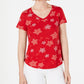 Style & Co Women's Printed V Neck T Shirt Red Size PM