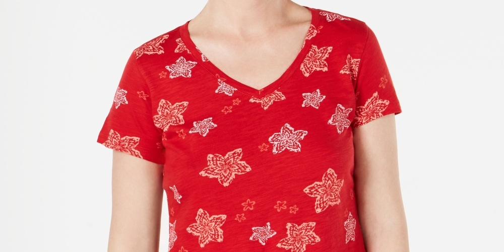 Style & Co Women's Printed V Neck T Shirt Red Size PM