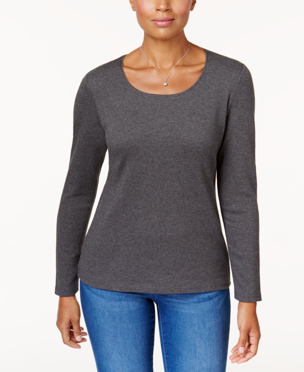 Karen Scott Women's Cotton Scoop Neck Top Gray Size Petite Medium
