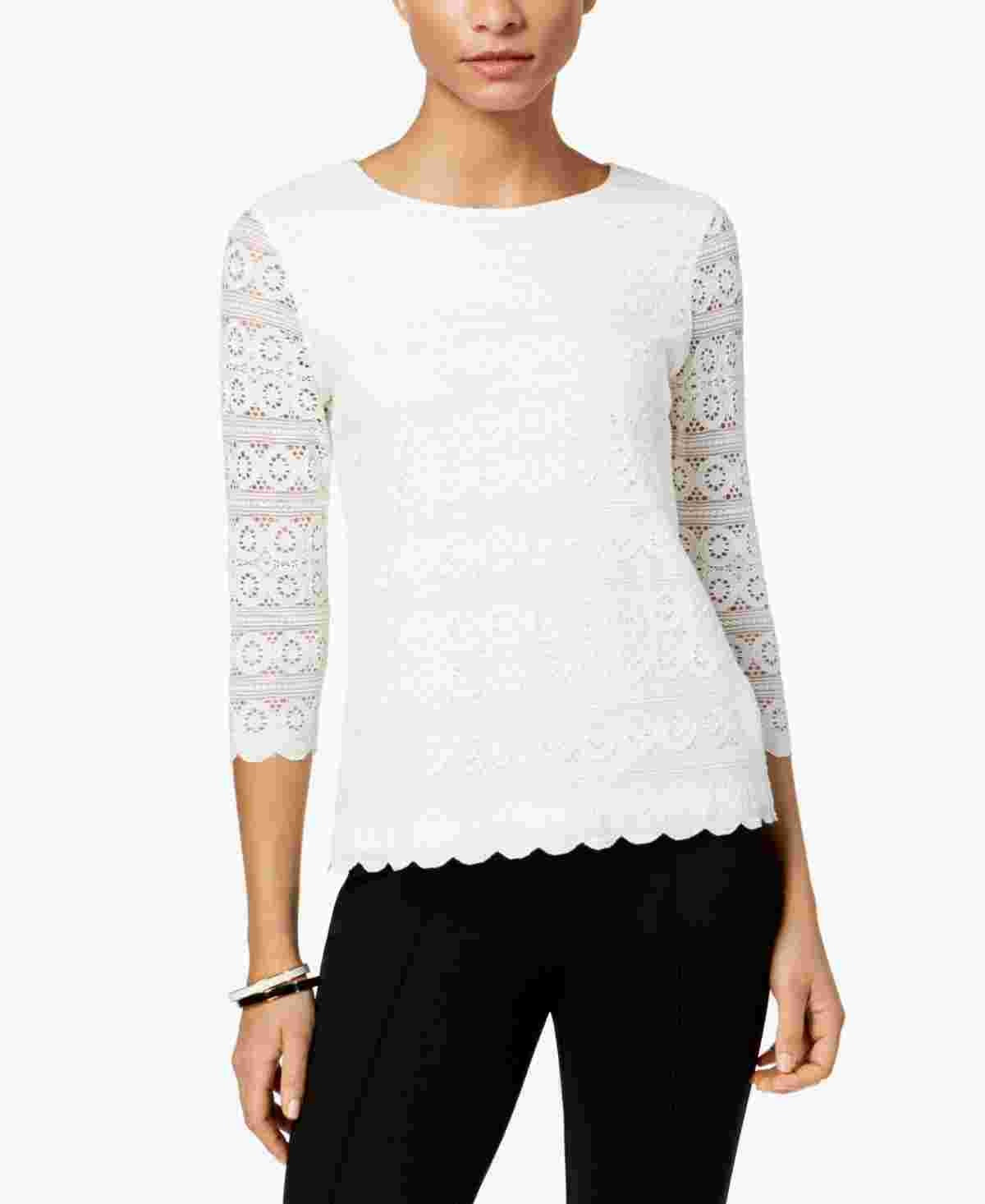 Charter Club Women's Petite Lace 3/4-Sleeve Top  White Size PM