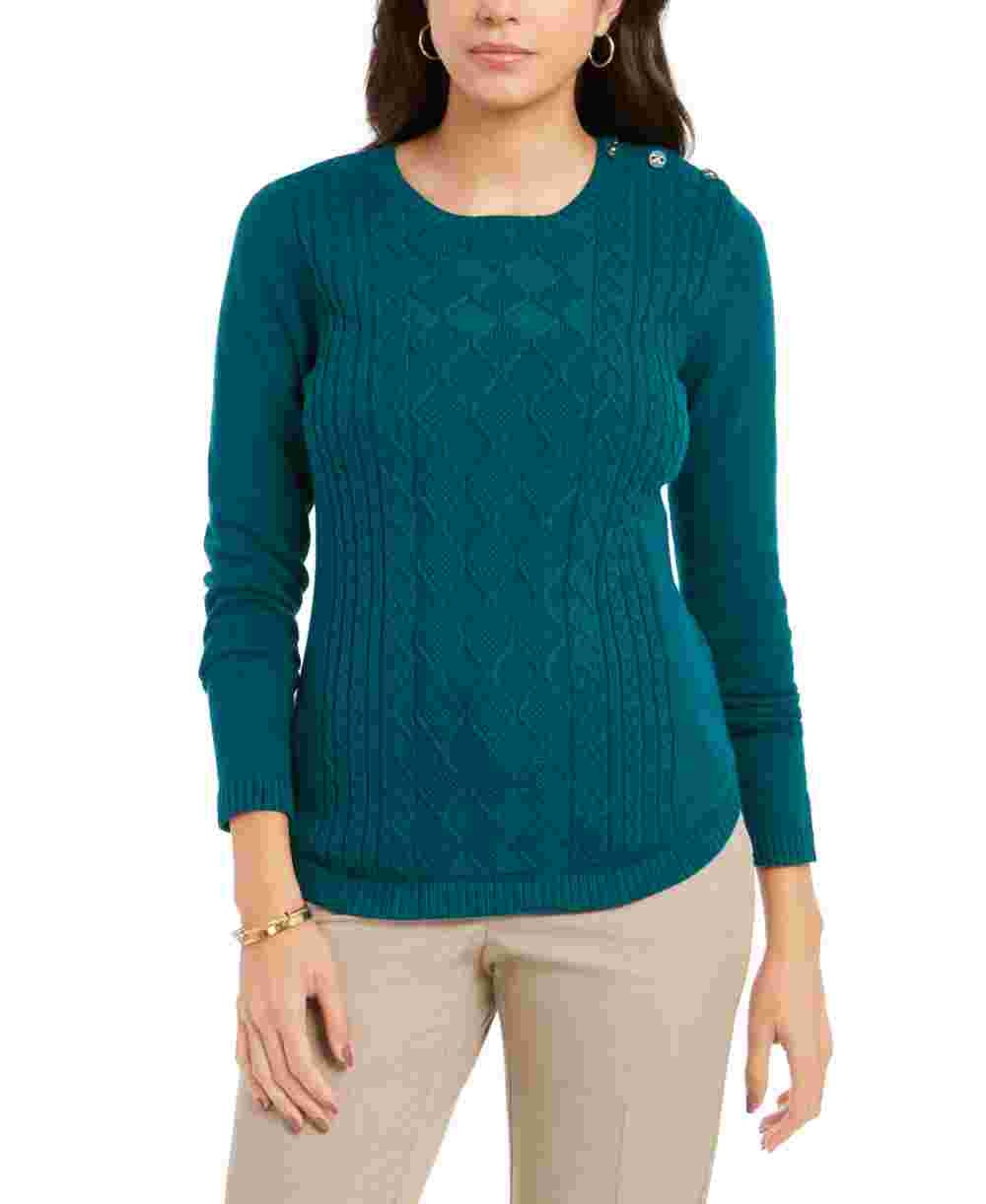 Charter Club Women's Petite Cable-Knit Button-Trim Sweater Green Size Petite