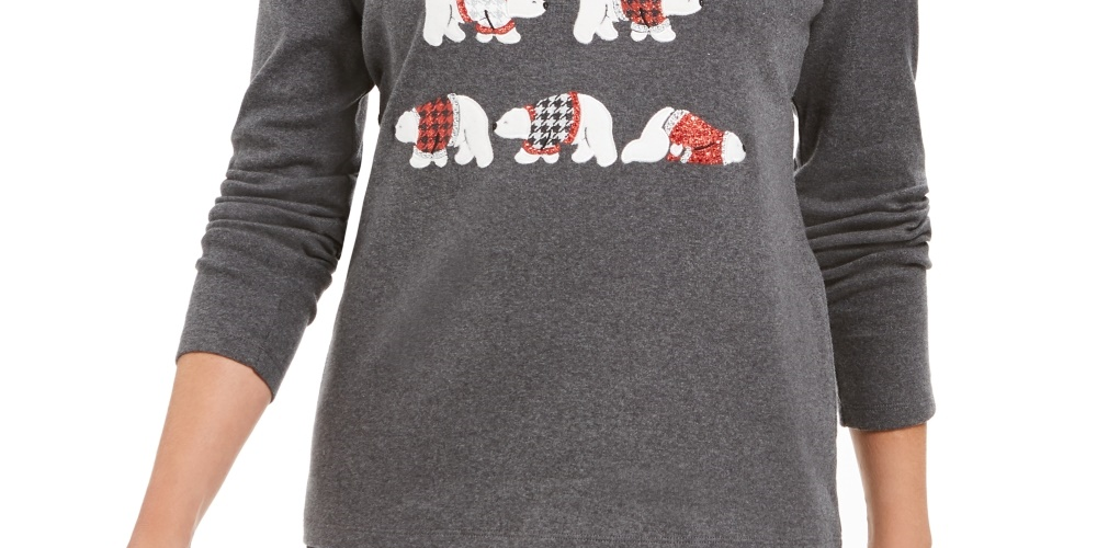 Karen Scott Women's Polar Parade Embellished Cotton Top Charcoal Size X Large