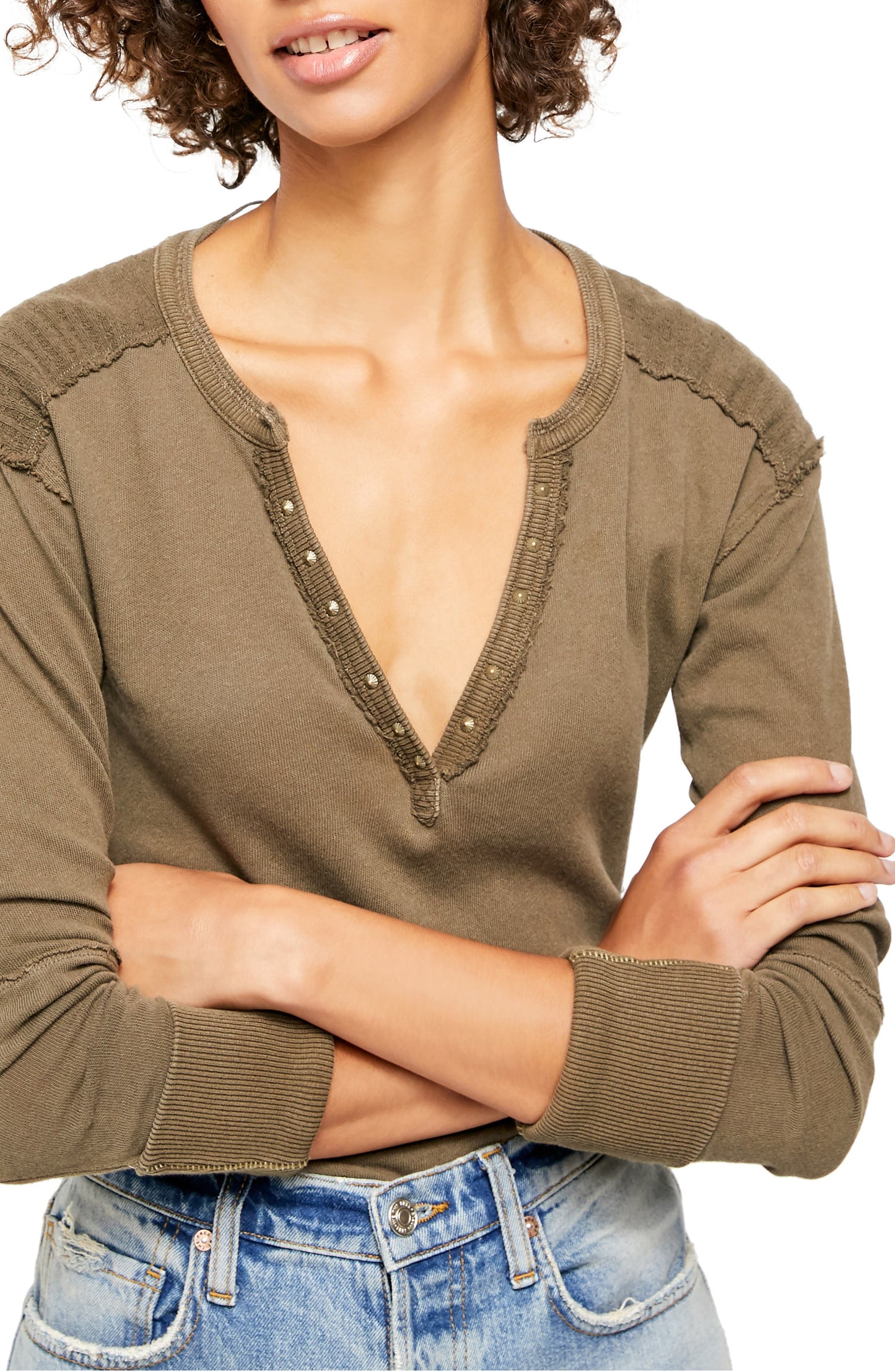 Free People Women's Military Mix Henley Size Green Size Medium