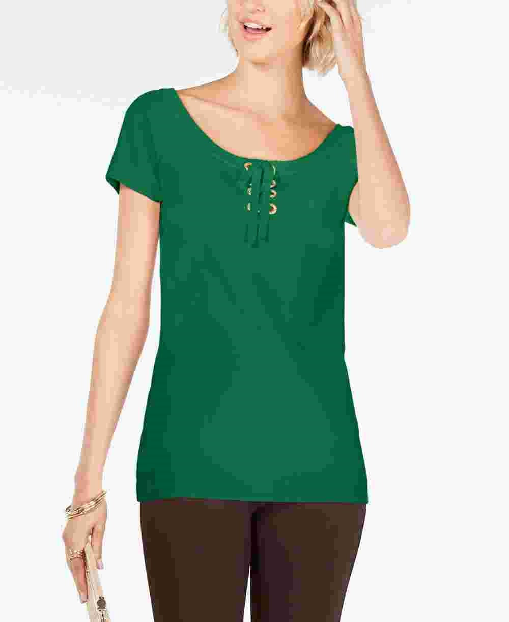 INC International Concepts Women's Solid Short Sleeve Scoop Neck T Shirt Top Green Size Petite Small