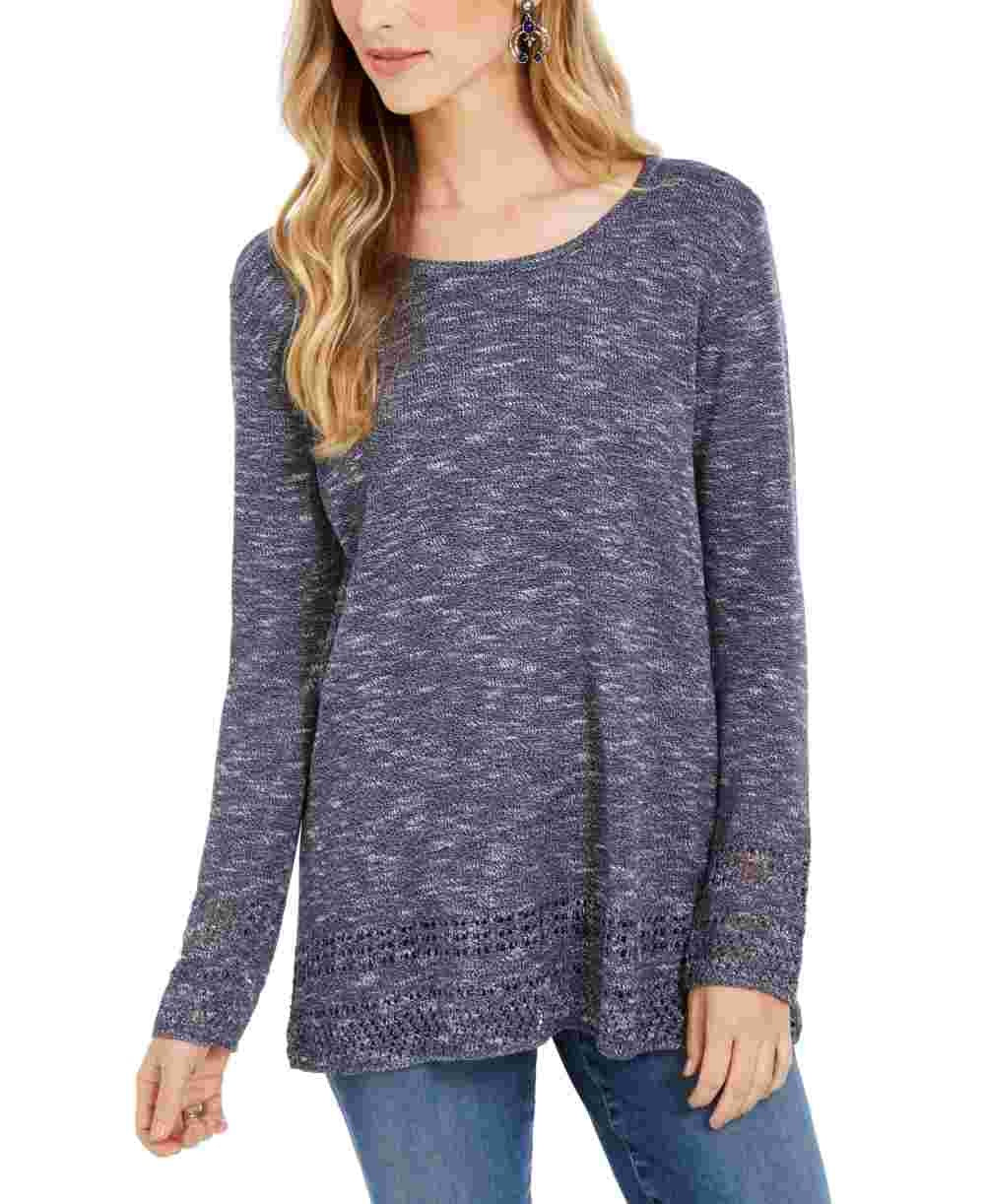 Style & Co Women's Textured Long Sleeve Jewel Neck Sweater Blue Size Petite Medium