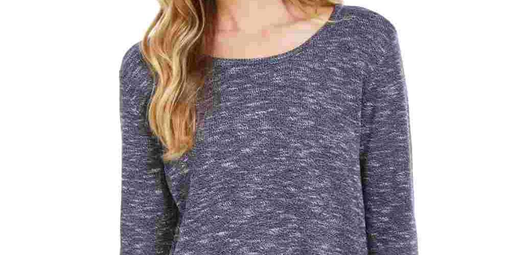 Style & Co Women's Textured Long Sleeve Jewel Neck Sweater Blue Size Petite Medium