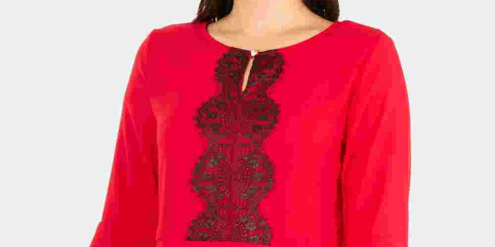 NY Collection Women's Lace Front Peplum Top Red Size Petite XL