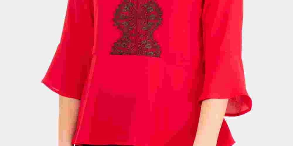 NY Collection Women's Lace Front Peplum Top Red Size Petite XL
