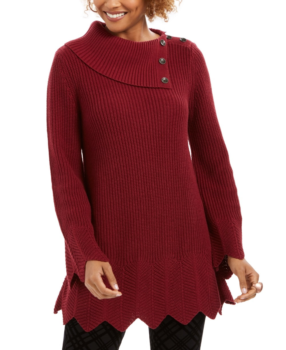 Style & Co Women's Envelope Neck Scalloped Edge Sweater Red Size Petite Small