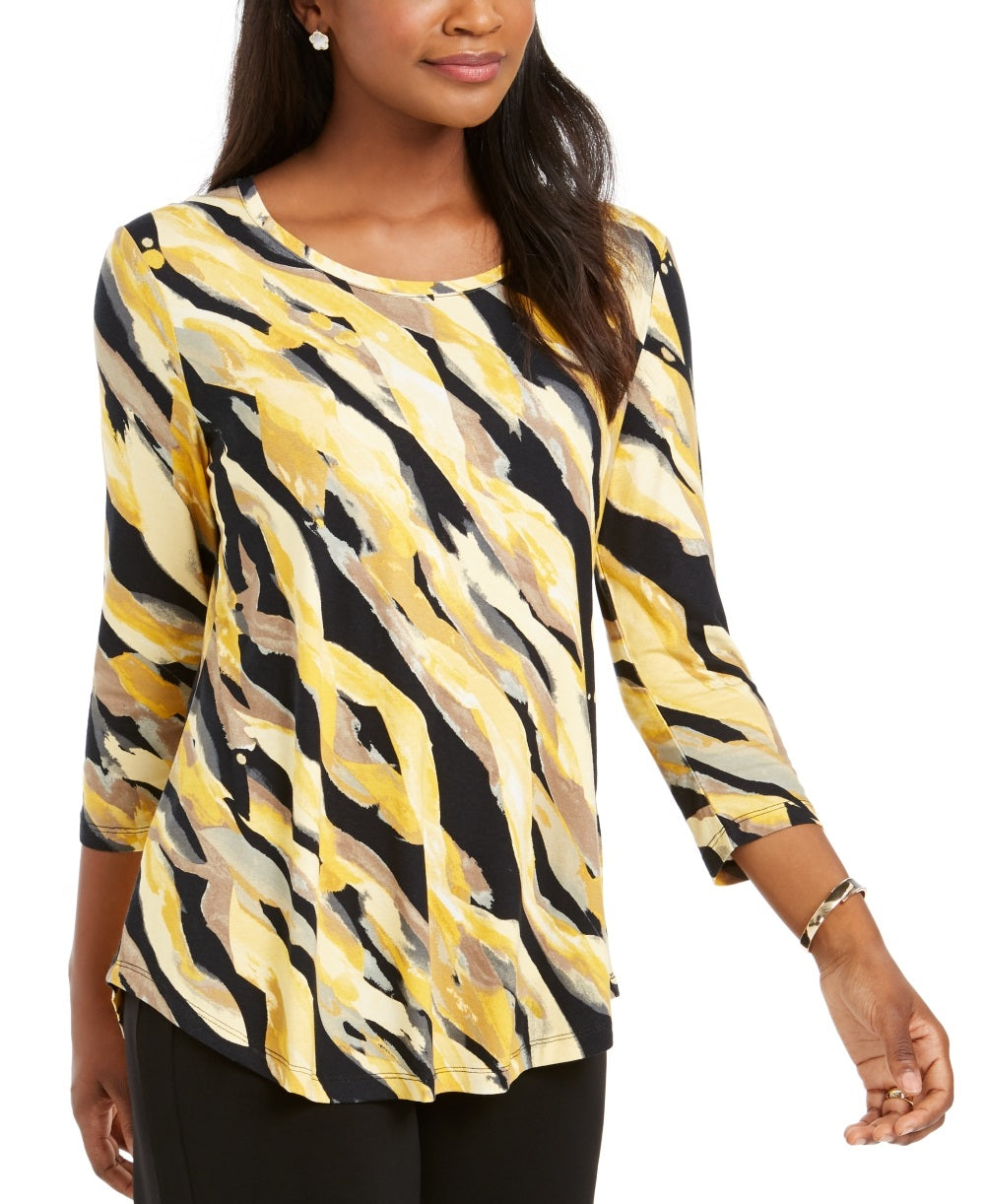 JM Collection Women's Printed 3/4 Sleeve Scoop Neck Top Gold Size Small