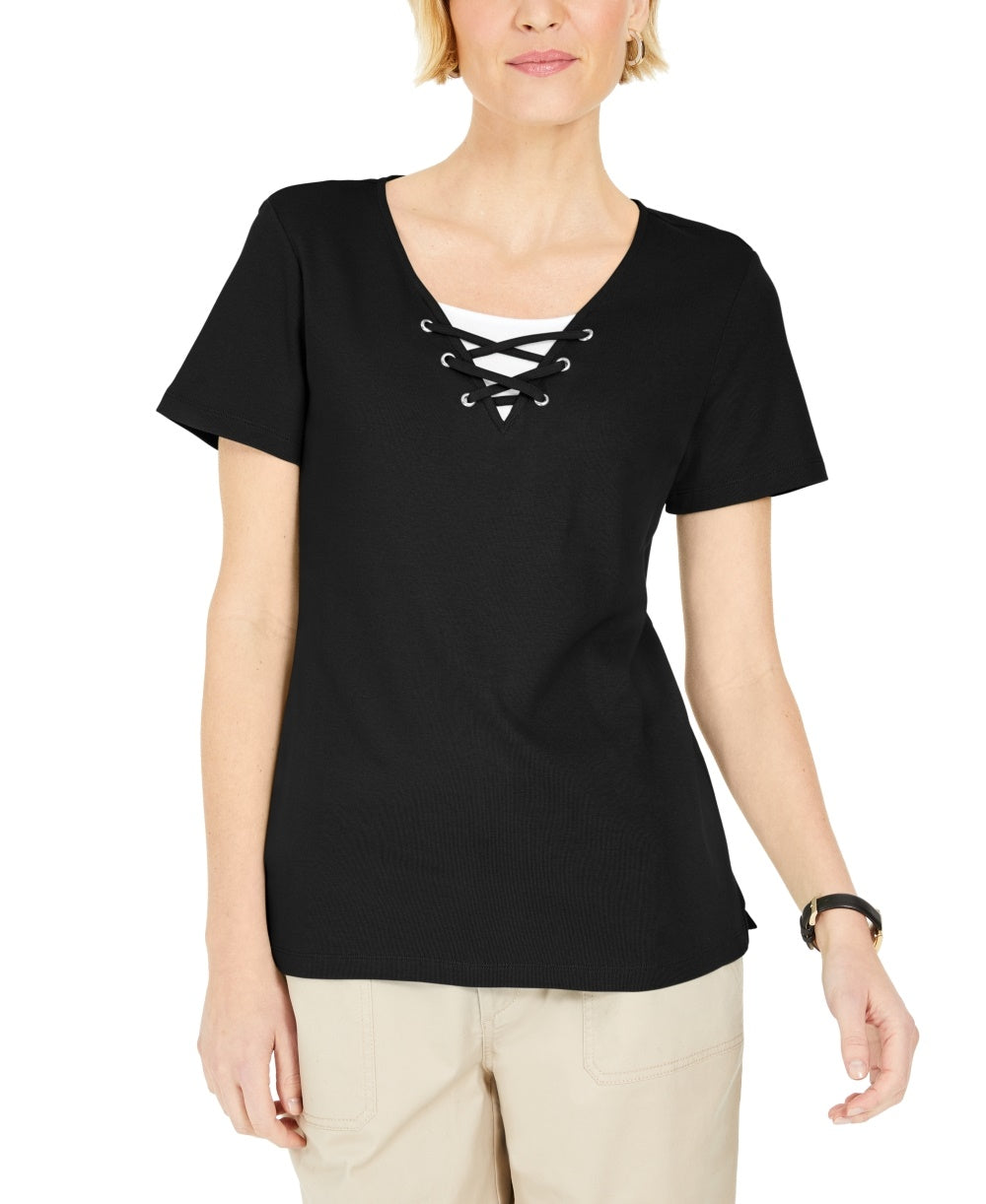 Karen Scott Women's Lace-Up Layered-Look Top  Black Size Small