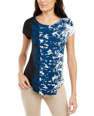 Alfani Women's Printed Round Hem T Shirt Blue Size PM