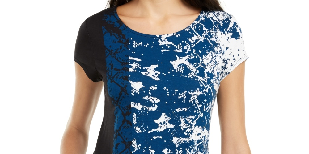 Alfani Women's Printed Round Hem T Shirt Blue Size PM