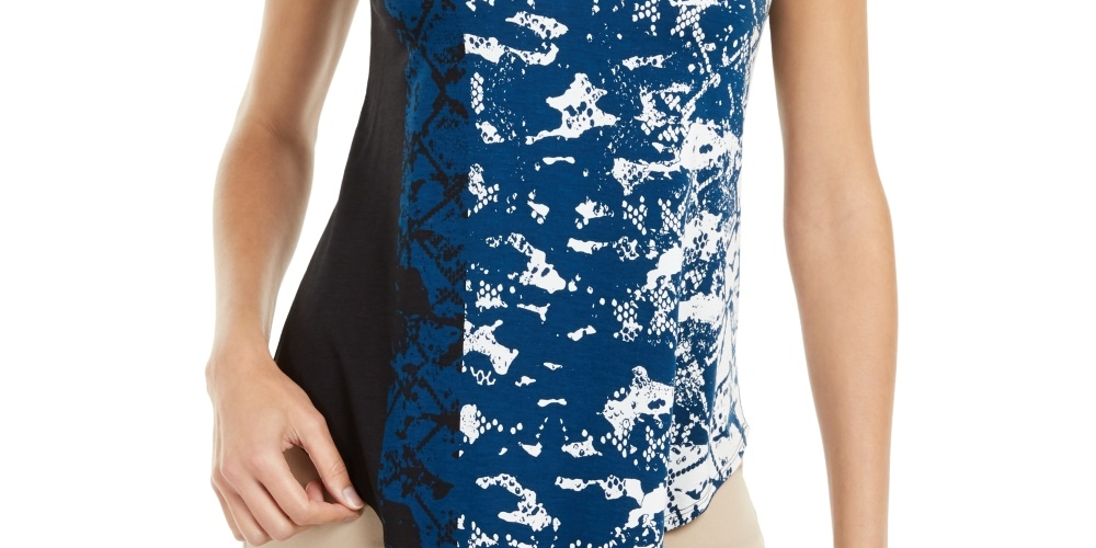 Alfani Women's Printed Round Hem T Shirt Blue Size PM