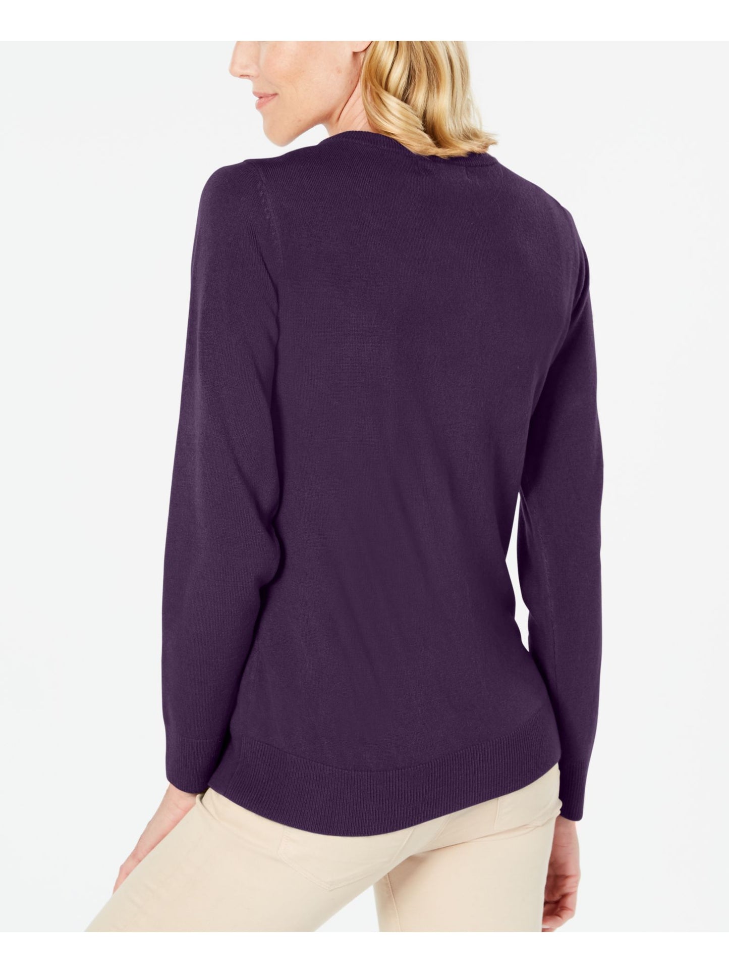 Karen Scott Women's Solid Long Sleeve Crew Neck Blouse Top Purple Size Petite Small