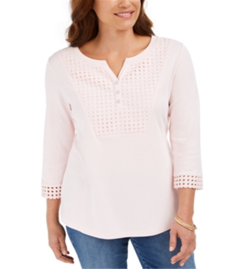 Karen Scott Women's Crochet Trim Henley Top Pink Size Small