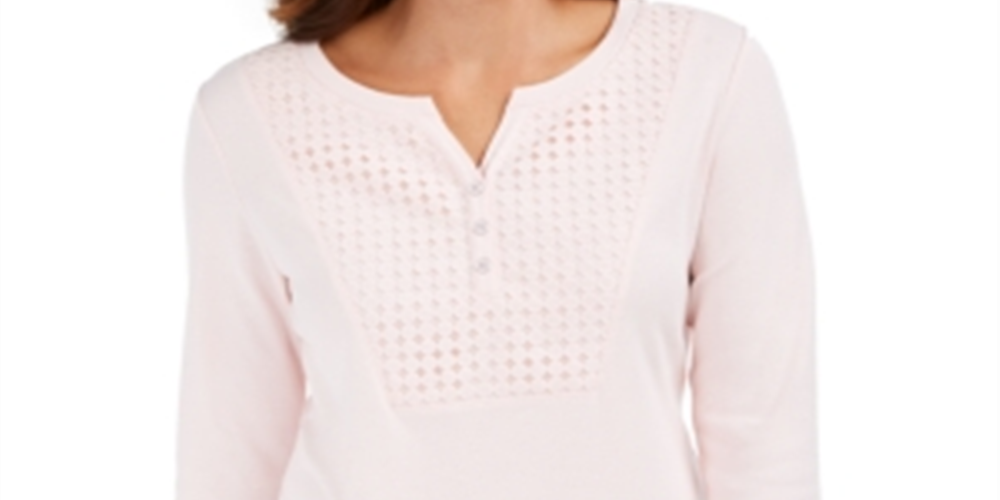 Karen Scott Women's Crochet Trim Henley Top Pink Size Small