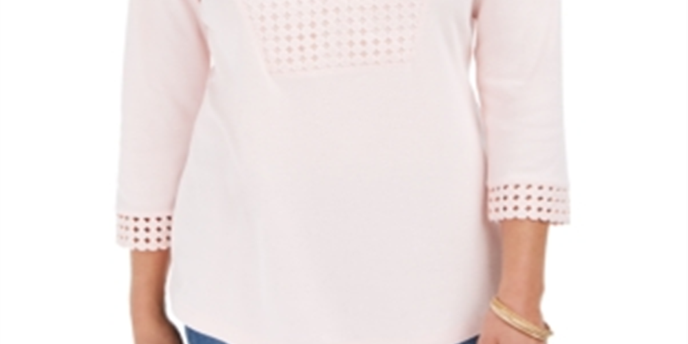 Karen Scott Women's Crochet Trim Henley Top Pink Size Small