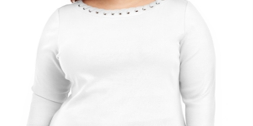 Karen Scott Women's Plus Laced Grommet Trim Cotton Top White Size 0X