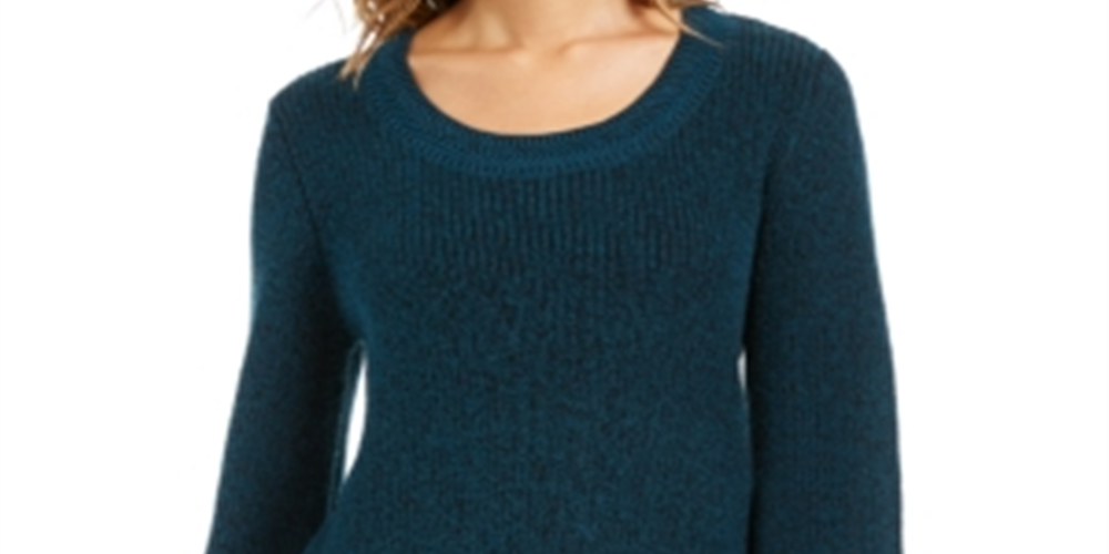 Style & Co Women's Textured Round Neck Long Sleeve Sweater Green Size Petite Large