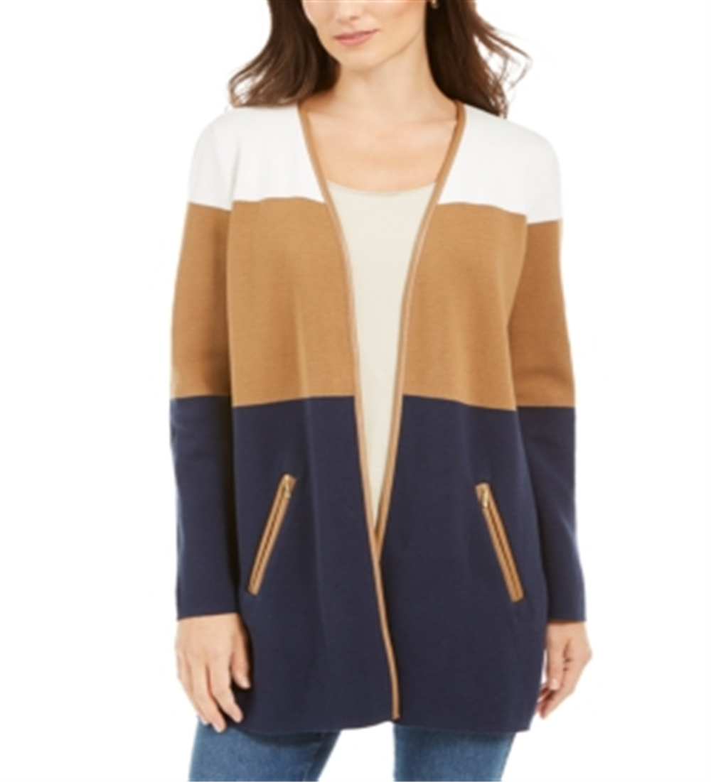 Charter Club Women's Milano Cotton Colorblocked Cardigan Blue Size Small
