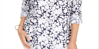 Charter Club Women's Printed Roll Sleeve Top Blue Size X-Large