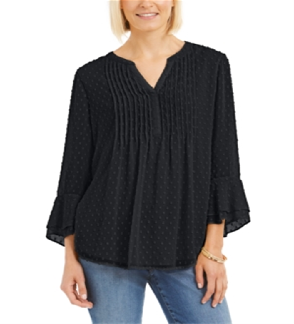 Charter Club Women's Double Ruffle Textured Pintuck Top Black Size Petite Small