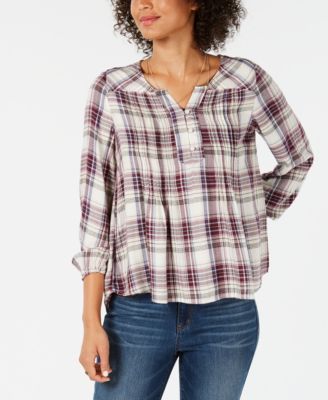 Style & Co Women's Plaid Pintucked Peasant Top Purple Size S