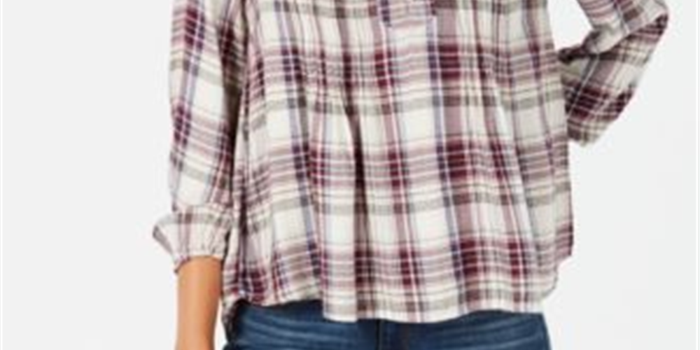 Style & Co Women's Plaid Pintucked Peasant Top Purple Size S