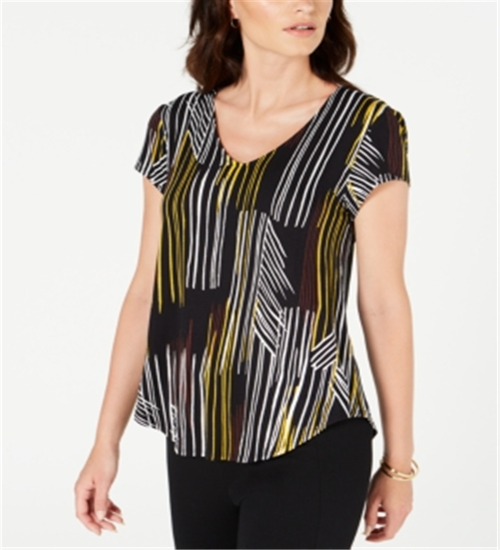 Alfani Women's Printed V Neck T-Shirt Black Size Small