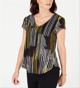 Alfani Women's Printed V Neck T-Shirt Black Size Small