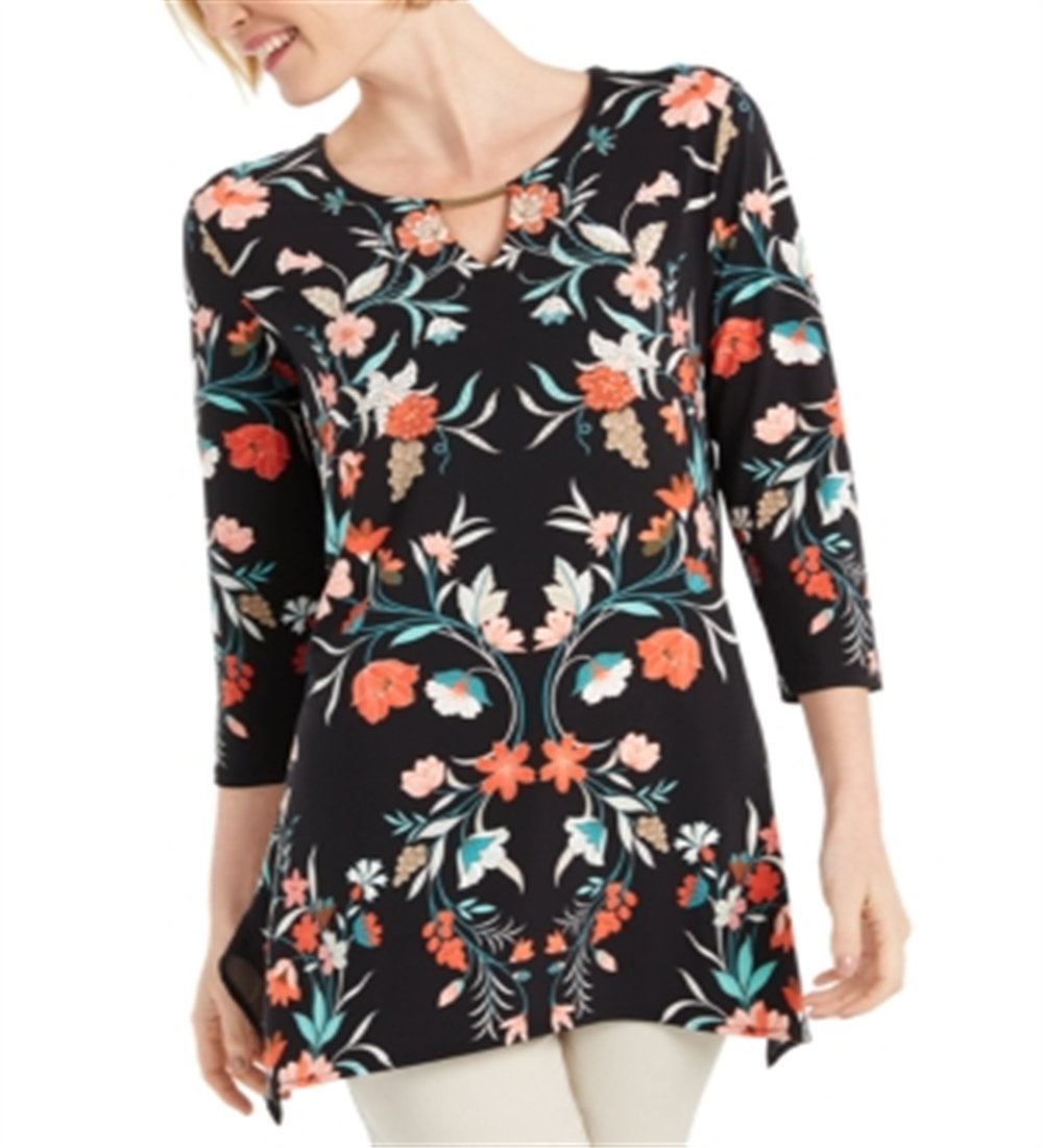 JM Collection Women's Printed Handkerchief Hem Top- Black Floral -Size Small