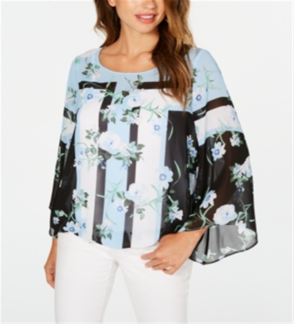 Alfani Women's Printed Angel Sleeve Blouse Blue Size Petite Small