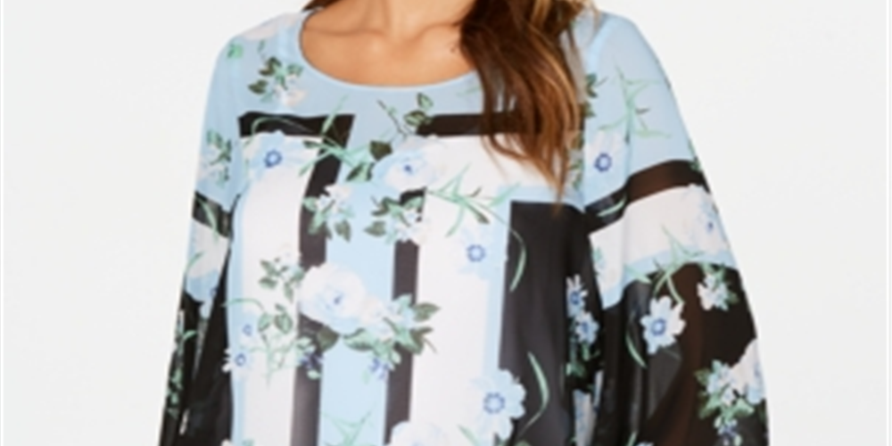 Alfani Women's Printed Angel Sleeve Blouse Blue Size Petite Small