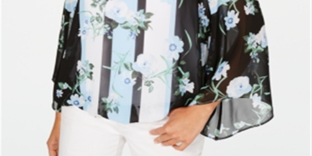 Alfani Women's Printed Angel Sleeve Blouse Blue Size Petite Small