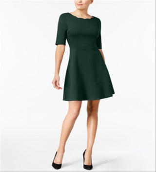 Monteau Women's Scalloped Neck Fit & Flare Dress Green Size Petite XS