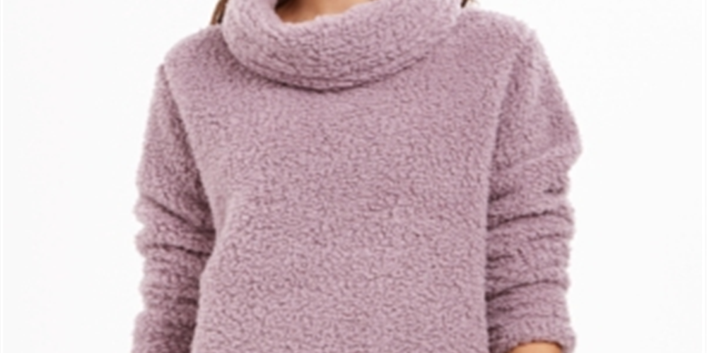 Style & Co Women's Faux Sherpa Cowlneck Sweater Purple Size Petite L