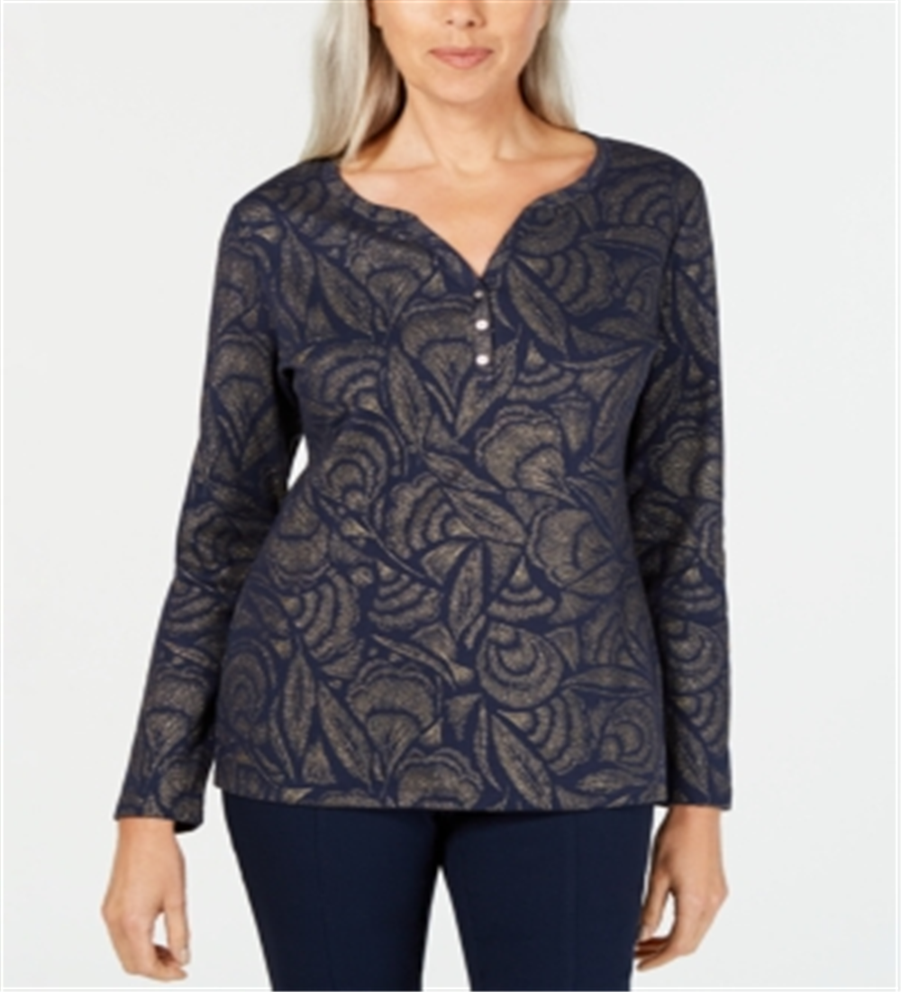 Karen Scott Women's Metallic Print Henley Top Blue Size Large