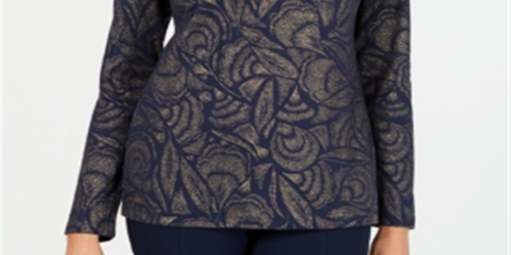 Karen Scott Women's Metallic Print Henley Top Blue Size Large