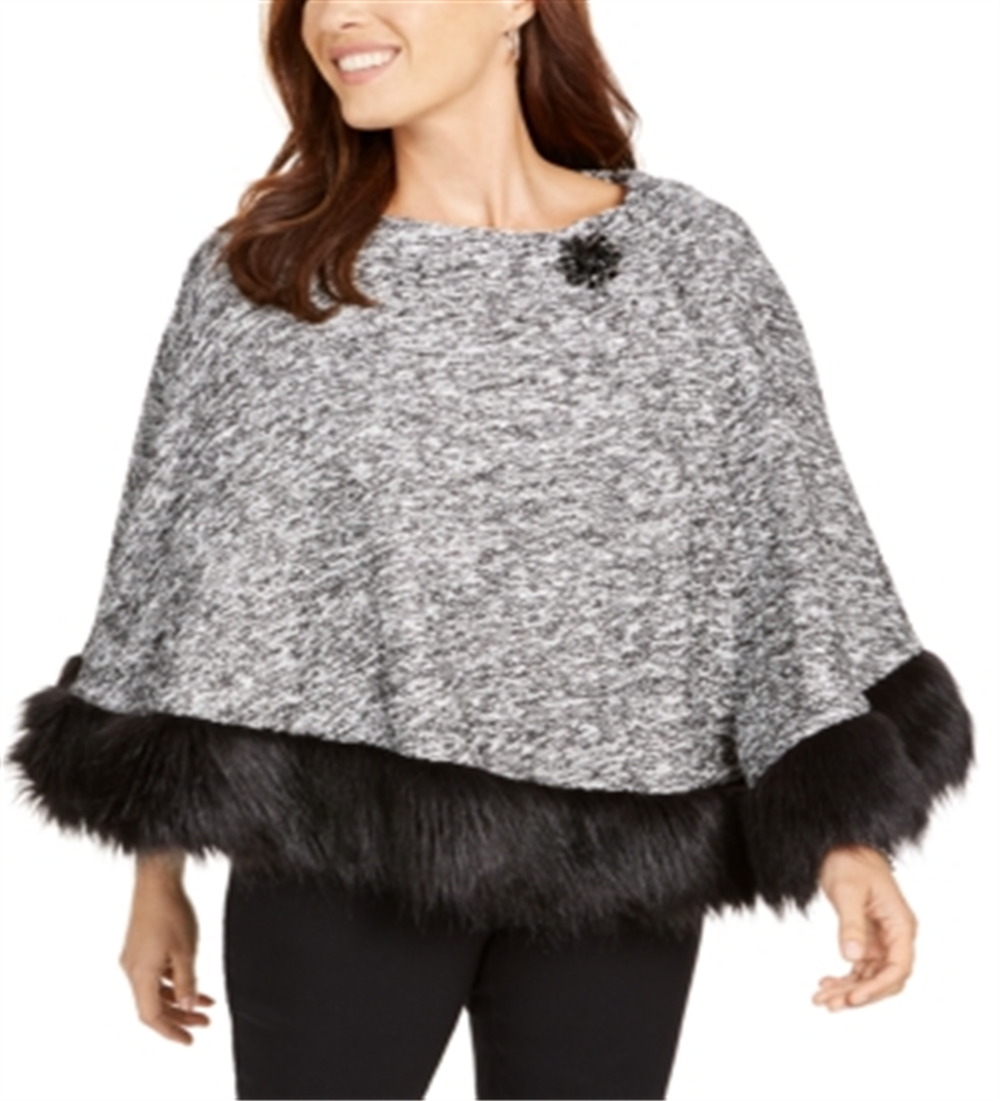 JM Collection Women's Faux Fur Trim Poncho Grey/Black Size XL