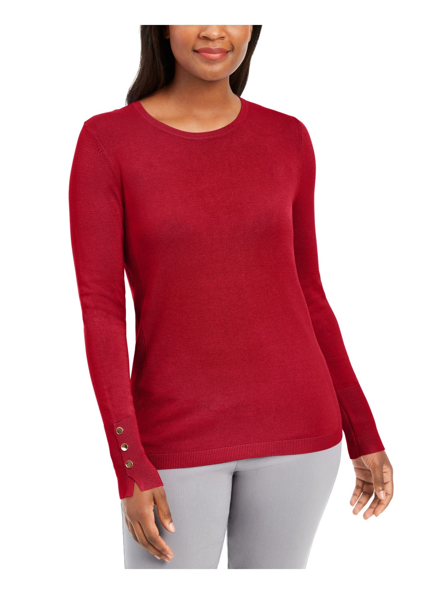JM Collection Women's Ribbed Long Sleeve Crew Neck Sweater Red Size Petite X-Large
