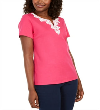 Karen Scott Women's Crochet Trim Split Neck Top Pink Size Medium