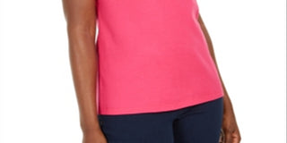 Karen Scott Women's Crochet Trim Split Neck Top Pink Size Medium