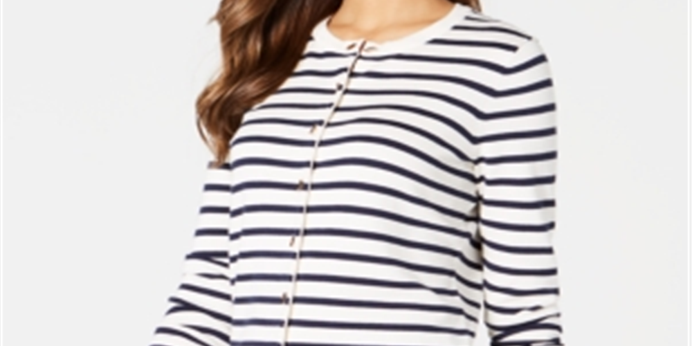 Charter Club Women's Striped Toggle Closure Cardigan White - Navy Stripes Size Petite S
