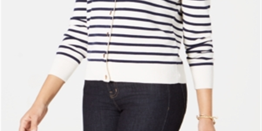 Charter Club Women's Striped Toggle Closure Cardigan White - Navy Stripes Size Petite S