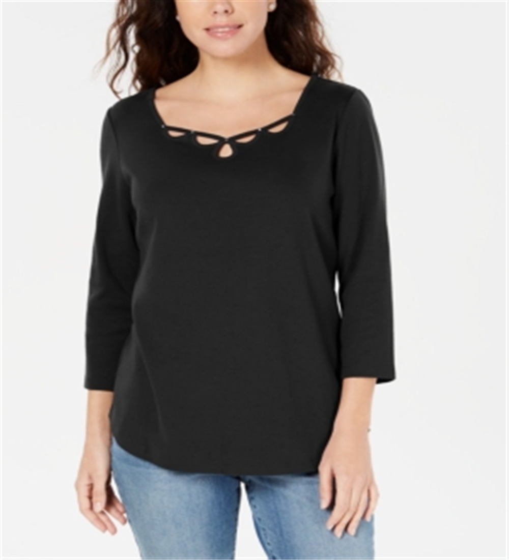 Karen Scott Women's Cotton Keyhole Stud Top Black Size Small
