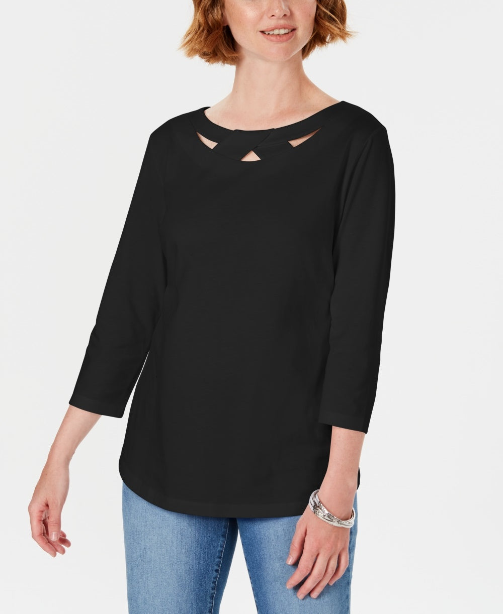 Karen Scott Women's Three-Quarter-Sleeve Cutout Top Black Size X-Small