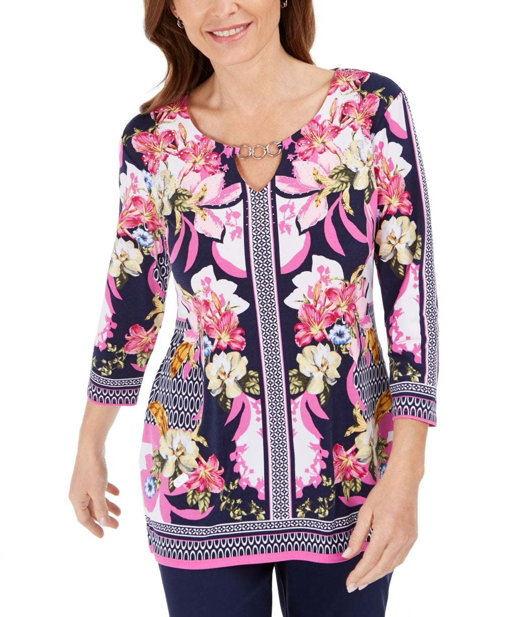 JM Collection Women's Embellished Keyhole Top Blue Size X-Small