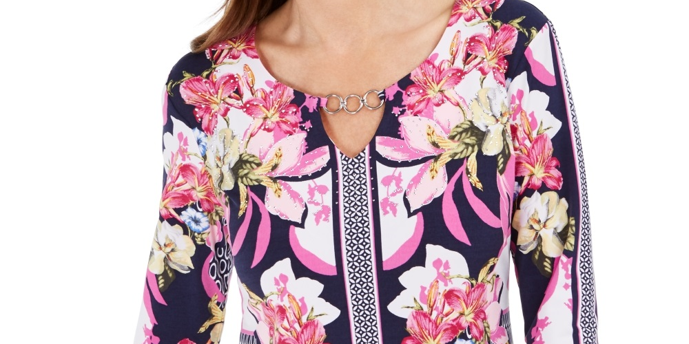 JM Collection Women's Embellished Keyhole Top Blue Size X-Small